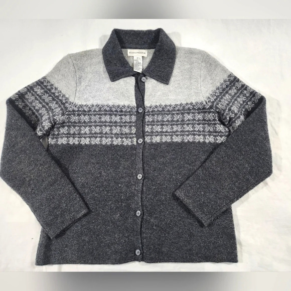 Vtg. Evan Picone 100% Wool neutral gray Fair Isle/Nordic print Knit jacket Sz M - Picture 4 of 10